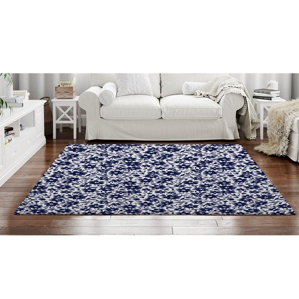 Small Navy Flowers On White Rug Blue Floral Area Rugs Indigo Etsy