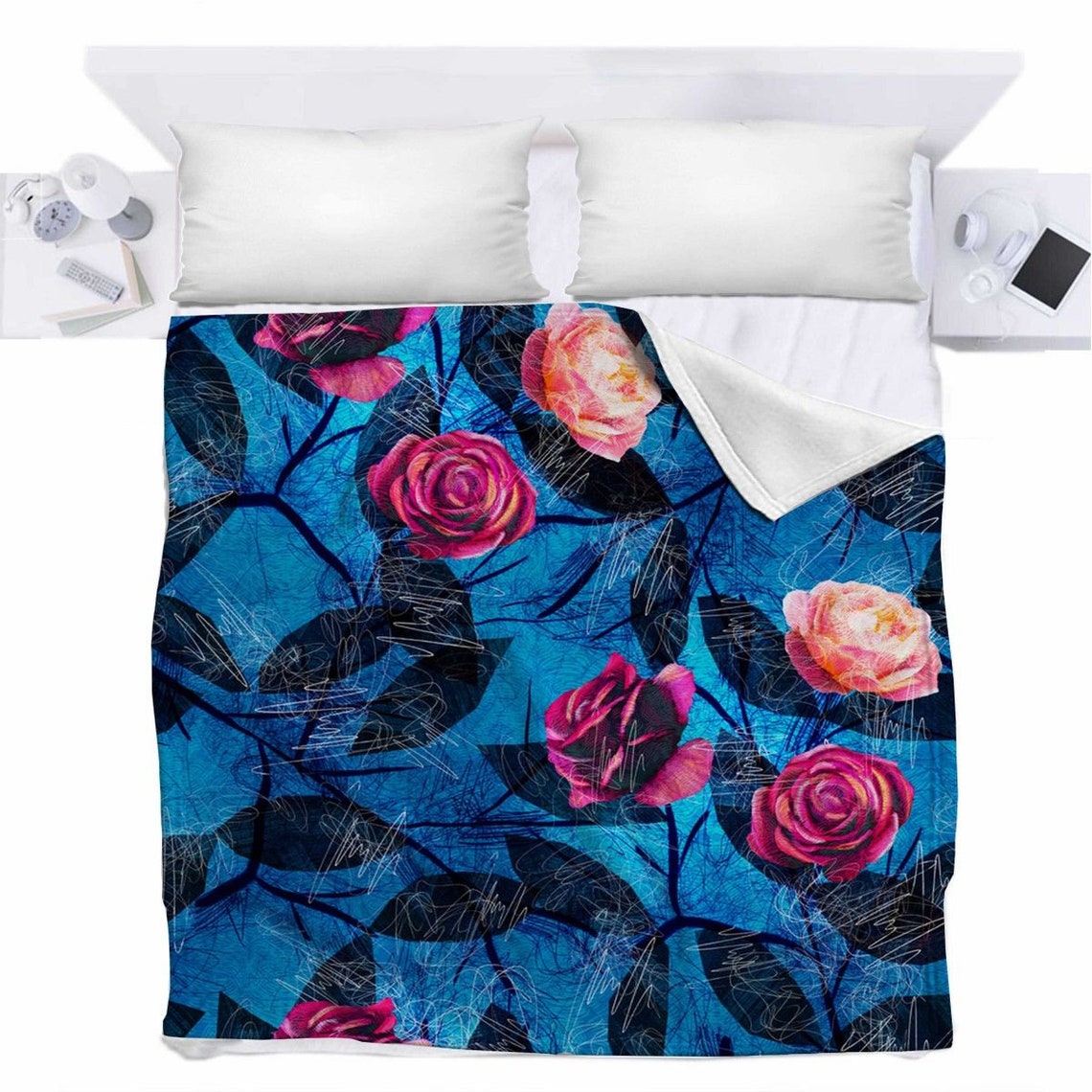 Blue And Pink Roses Fleece Bed Cover Black And Pink Blanket Etsy