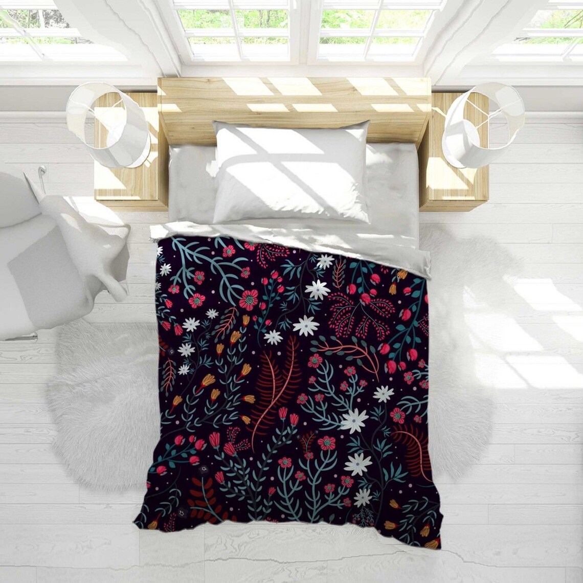 Black Floral Duvet Cover Black Floral Bedding Wildflower Etsy
