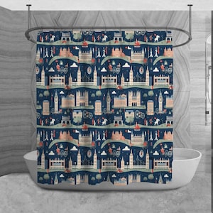 British Shower Curtain, European Bathroom Decor, London Bath Decor, Country Bathroom Curtain, Cityscape Home Decor