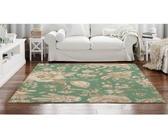 Mint Green Floral Area Rug: French Toile, Vintage Style