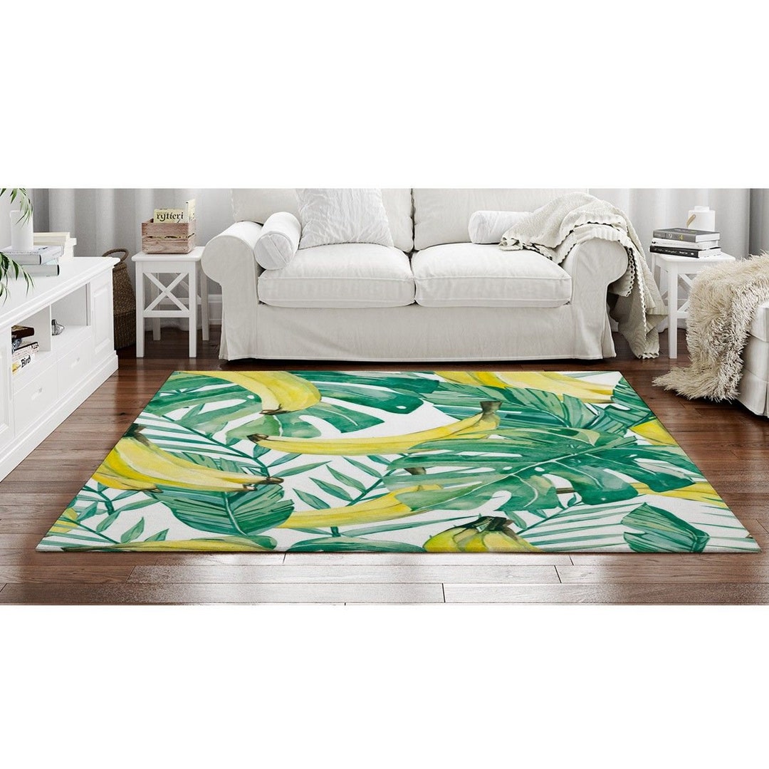 Banana Rugs Bananas and Palm Leaves Area Rug White Green and Yellow Area Rugs Tropical Leaf Rug
