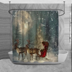 Reindeer Shower Curtains Reinder With Sleigh Shower Curtain Grey Brown And Red Shower Curtains Christmas Shower Curtain Winter Forest