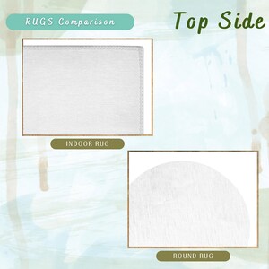 May include: A comparison of two rugs, one rectangular and one round. The rugs are both white and have a textured surface. The text "RUGS Comparison" is at the top of the image. The text "Top Side" is at the top right of the image. The text "INDOOR RUG" is below the rectangular rug. The text "ROUND RUG" is below the round rug.