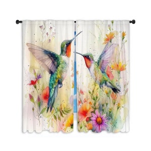 Watercolor Hummingbirds Curtains Colorful Birds Drapes Nature Theme Window Curtain Panels Floral Valance Gift For Her