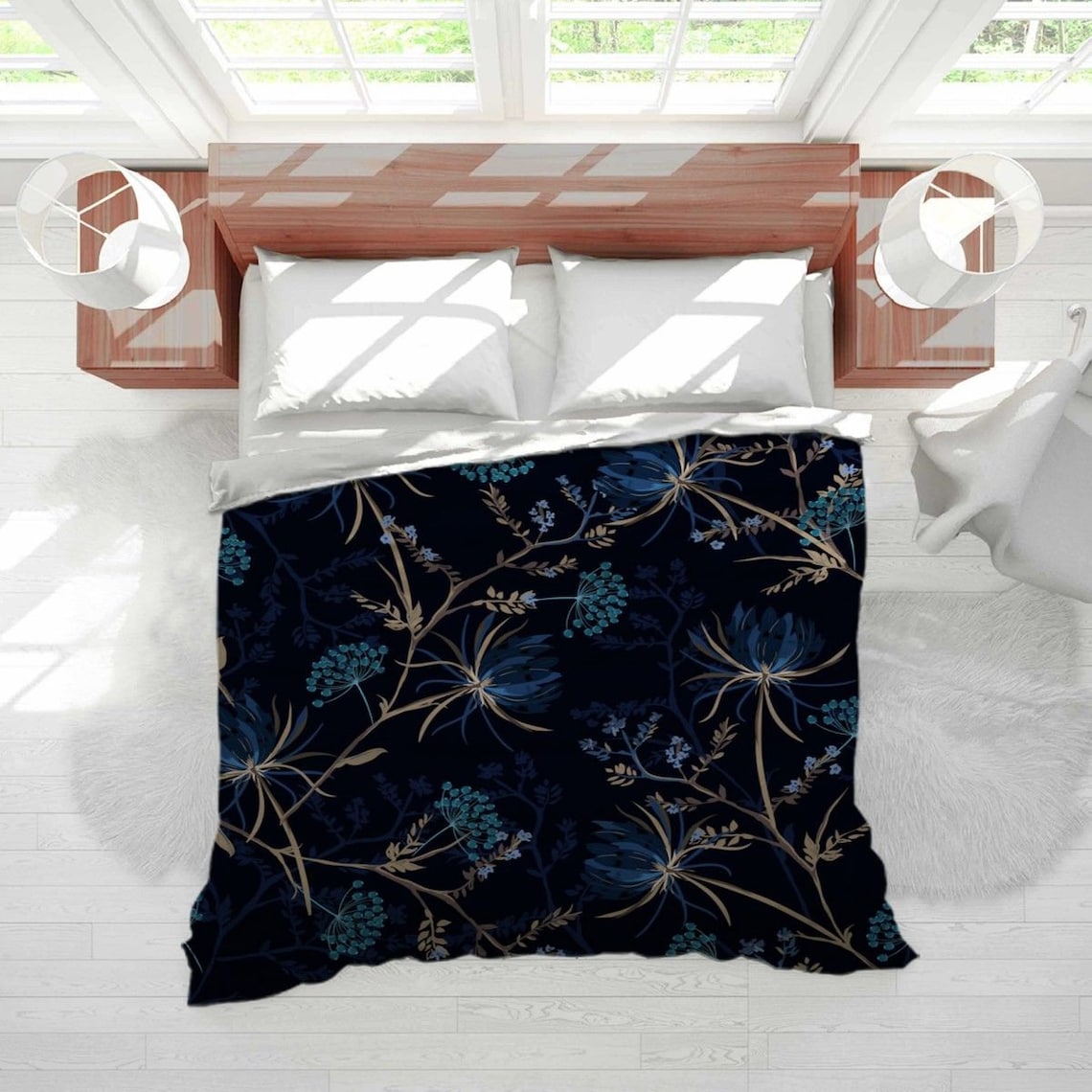 Navy Floral Comforter Navy Floral Bedding Dark Blue Flower Etsy
