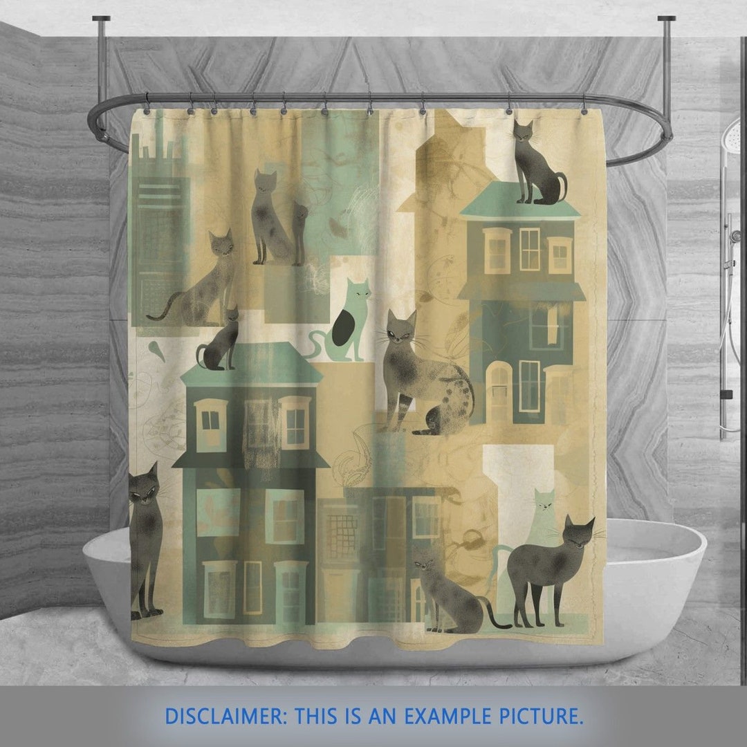 Black Cat Shower Curtain Cats Bathroom Curtain Green and Etsy