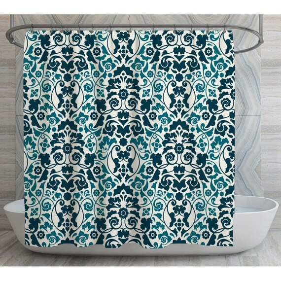 Teal Floral Shower Curtains Blue Green Abstract Damask Shower Etsy