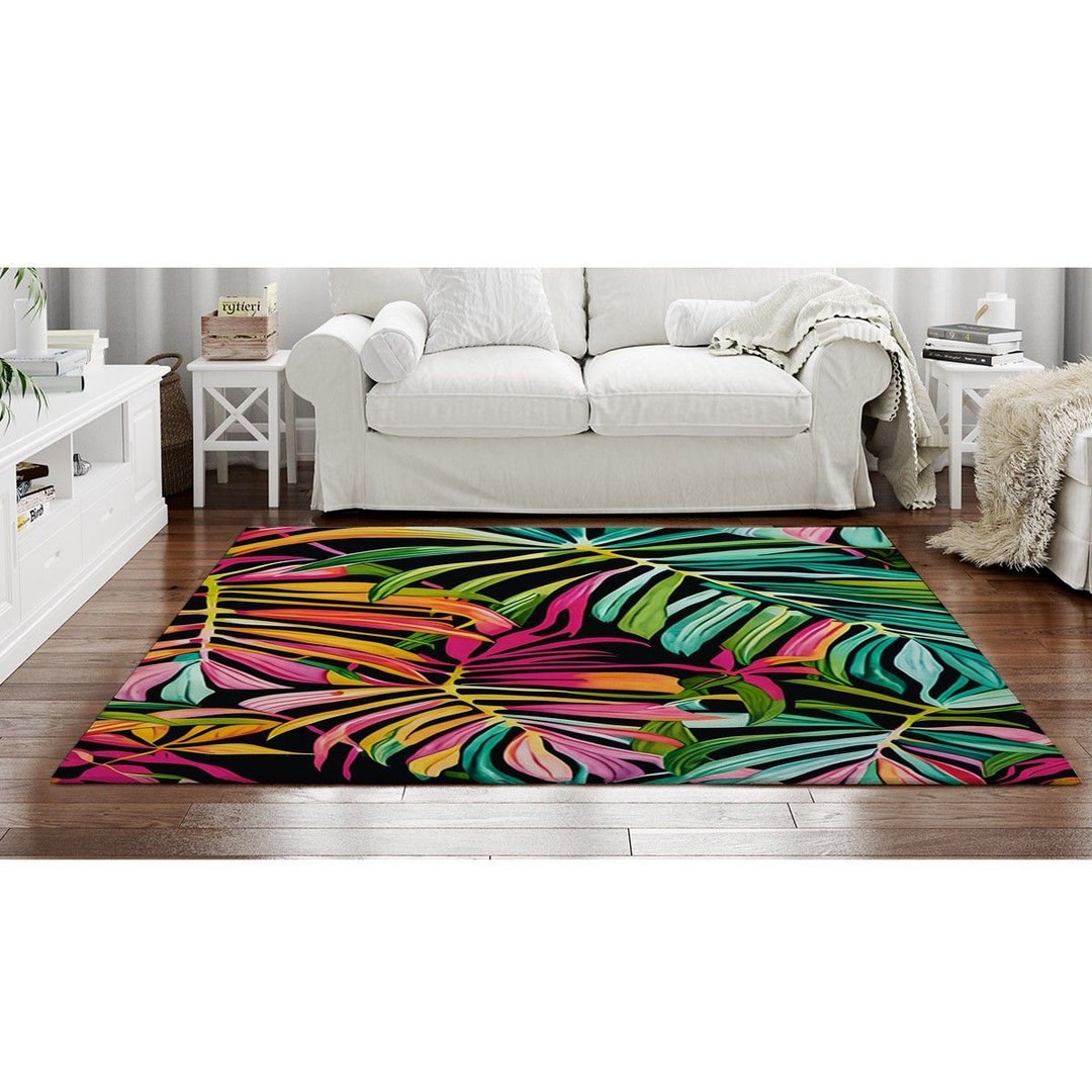 Pink and Green Rug for Living Room, Tropical Leaf Rug, Colorful Leaves Rug, Jungle Custom Area