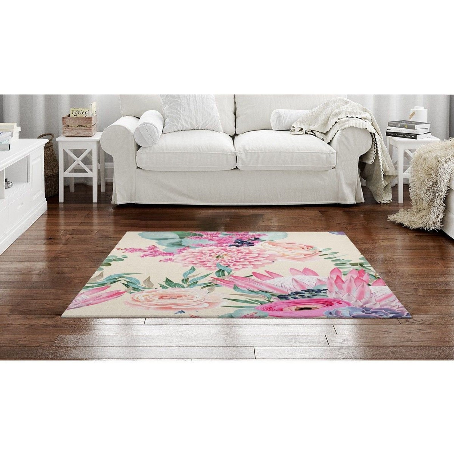 Shabby Chic Rugs Pink Floral Area Rugs Pink Protea And Roses Etsy