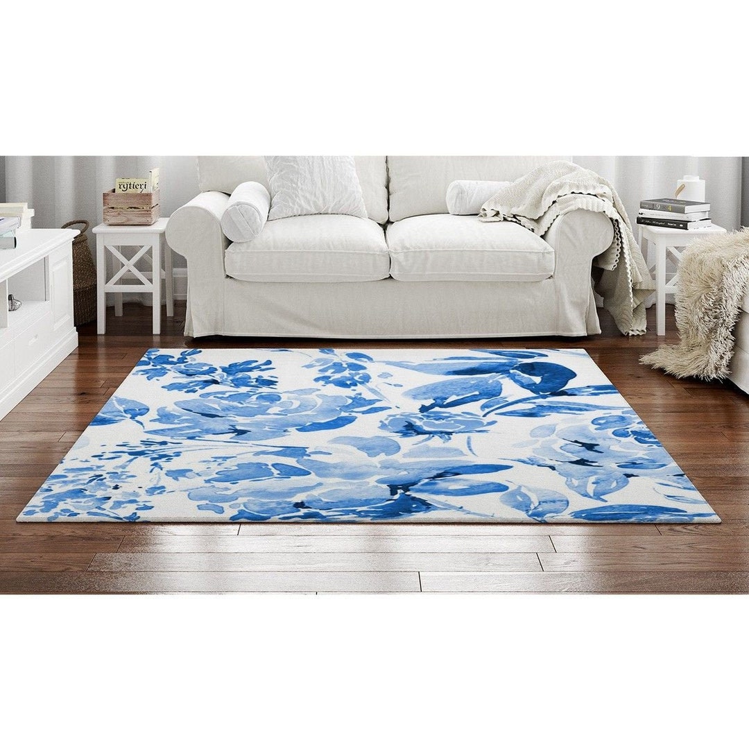 Blue Floral Rugs Blue Floral Area Rug Floral Accent Rug Watercolor Rug