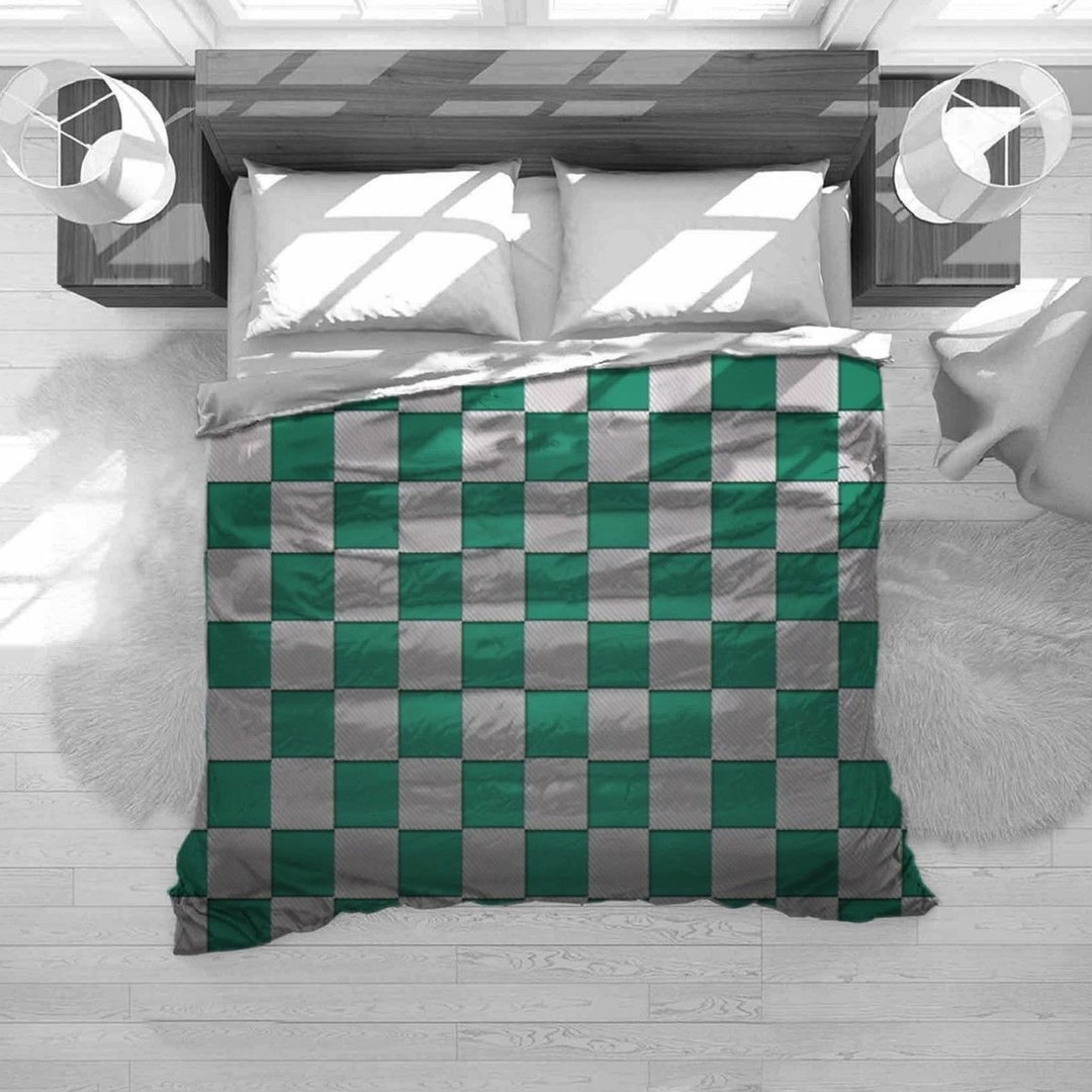 Checkered Bedding Cool Comforter Green Duvet Cover Silver Etsy