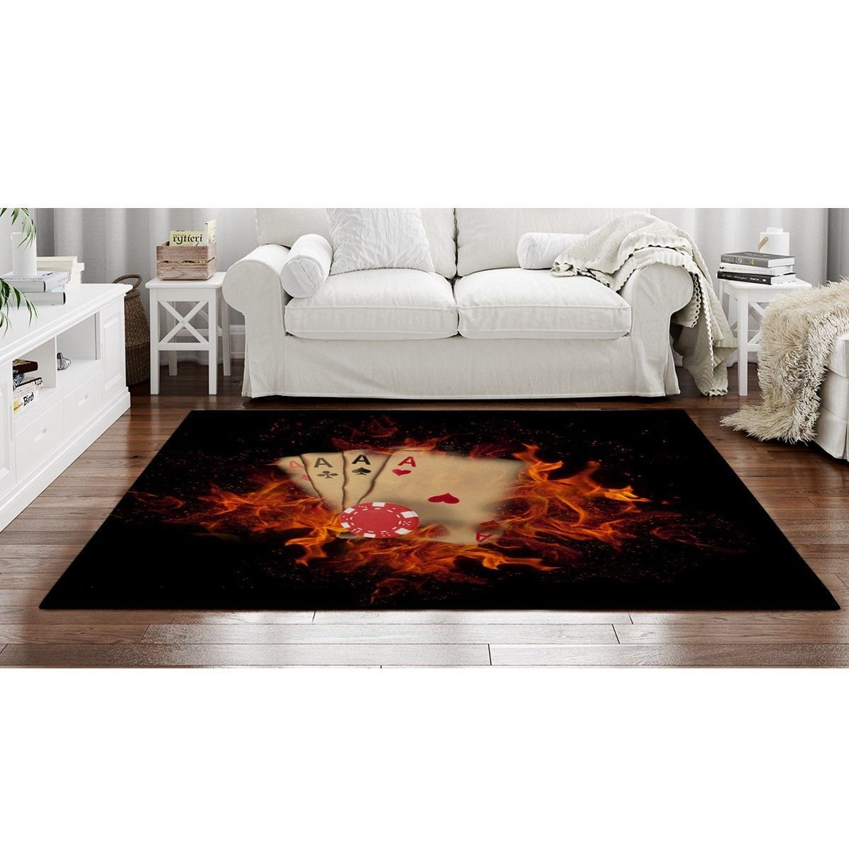 Fiery Aces Area Rug: Casino Card Chips, Black & Orange