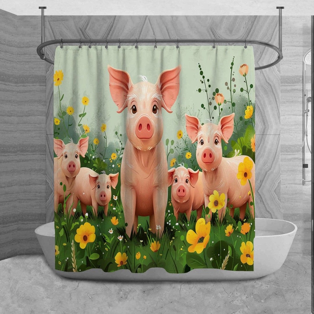 Piglets Shower Curtain, Animal Bathroom Decor, Cute Animals Bath Mat, Whimsical Towels, Country