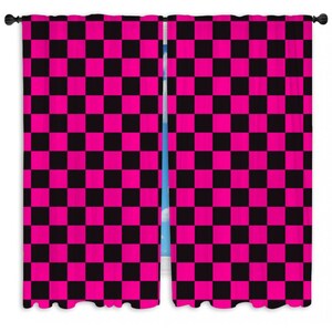 Checkered Window Curtains Black And Pink Drapes Geometrical Square Pattern Pink And Black Checkered Drapes Geometric Curtain Panels