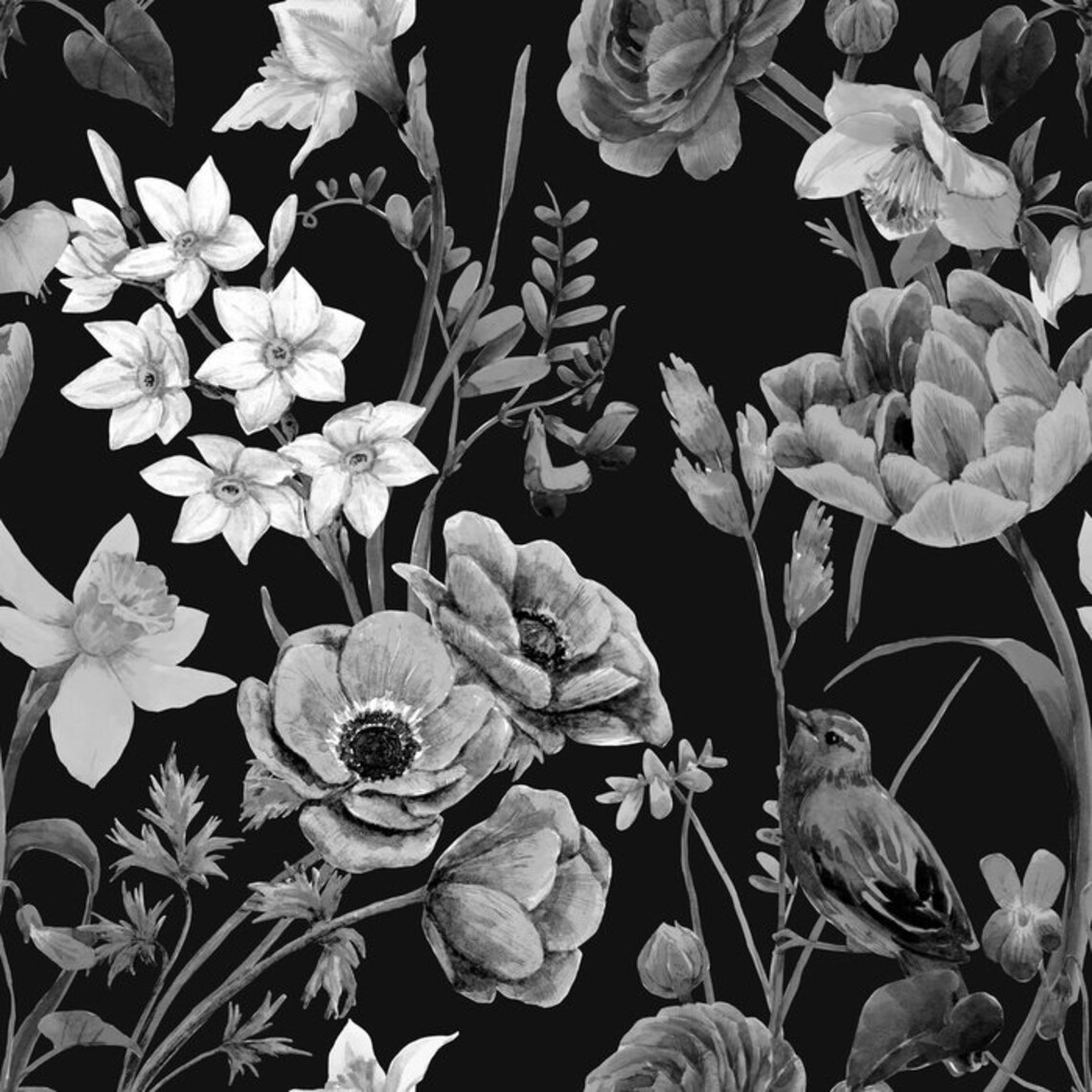 Black And White Window Curtains Roses Curtains Black Floral Etsy