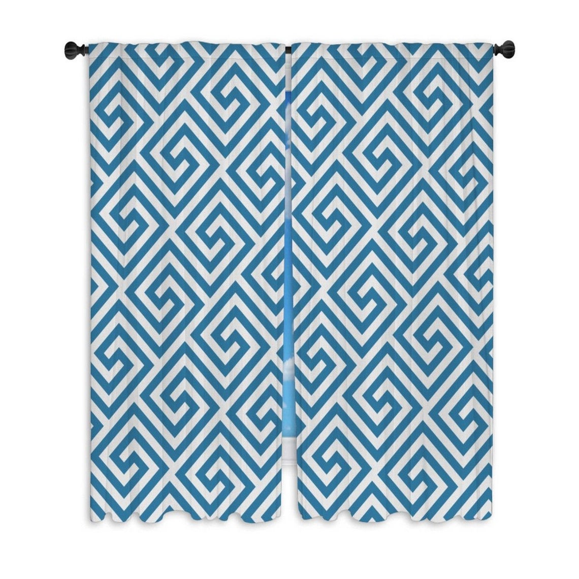 Blue Geometric Window Curtains Diamond Pattern Curtains Blue Etsy