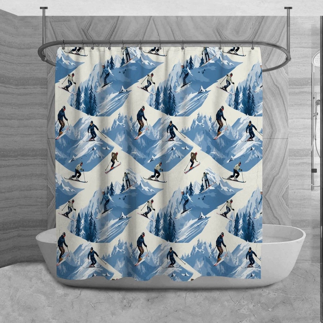 Winter Sports Shower Curtain, Skiing Bathroom Decor, Action Packed Bath