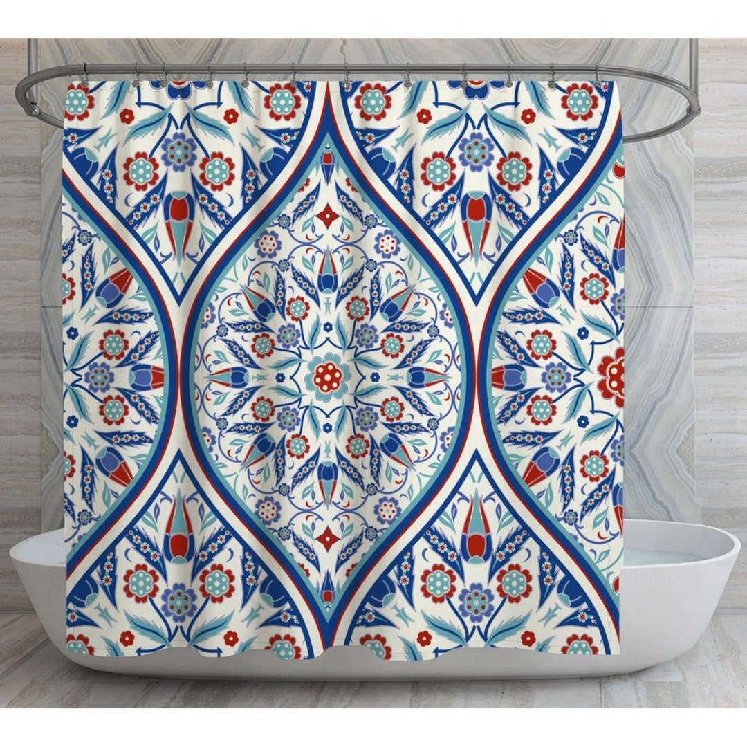 Turkish Shower Curtains Blue Intricate Flower Print Shower Etsy