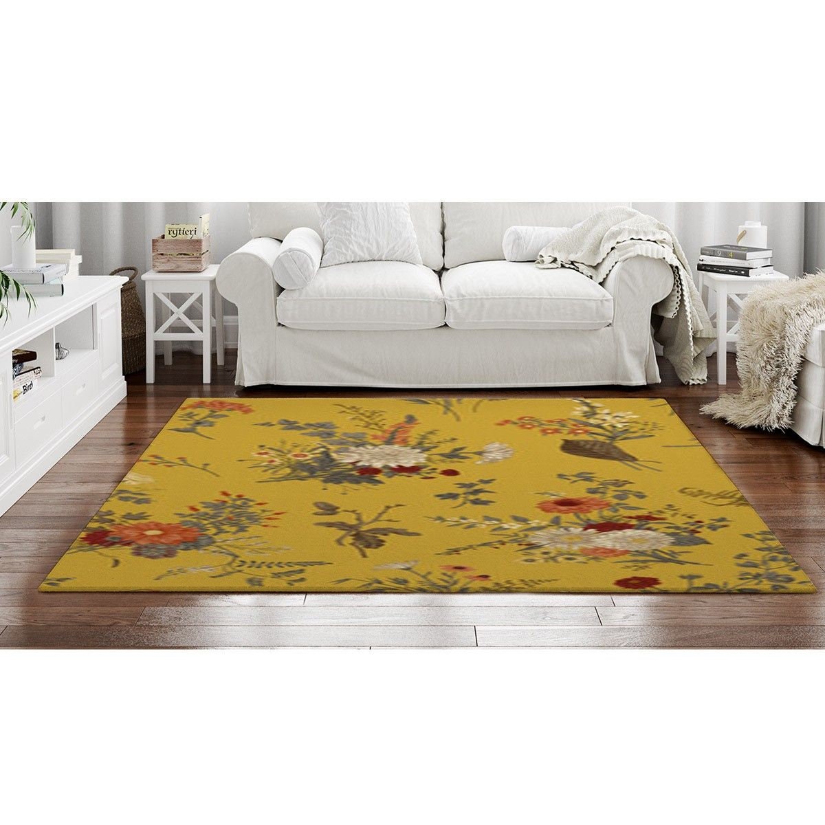 Yellow Floral Pattern Area Rug 63x48 Inch Floor Rug,Non-Slip Large Carpet for Bedroom,Living Room,Kids Room Yellow Floral Pattern Area Rug 63x48 Inch Floor Rug,Non-Slip Large Carpet for Bedroom,Living Room,Kids Room