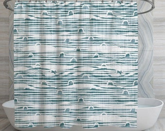 Abstract Aegean Teal Shower Curtain: Coastal Sunrise Pattern