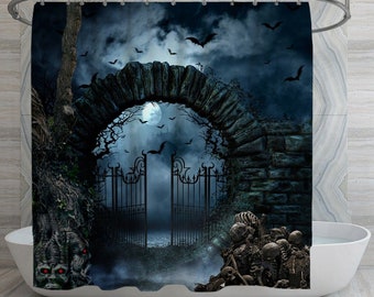 Spooky Halloween Shower Curtain: Gate with Skeletons, Haunted Bath Decor