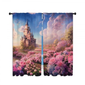 Castle Curtains  Fairytale Princess Drapes  Girls  Nursery Window Curtains  Fantasy Theme Drapery Panels Kids Valance