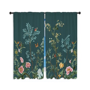 Chinoiserie Window Curtains Flowers And Butterflies Curtains Teal Drapes Green Curtain Panel Floral Curtain