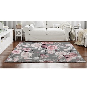 Flower Patterns Rugs Floral Design Area Rug Pink Grey Grays Floor Mats Flowers Rose Botanical Timeless Decor