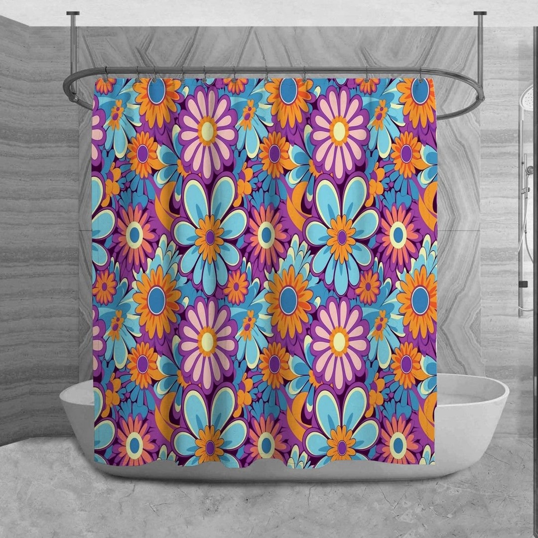 Hippie Shower Curtain, Retro Bathroom Decor, Floral Bath Decor, Vintage Bathroom Curtain, Funky