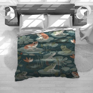 Frog Bedding, Cute Frog Bedding Set, Frog And Toad Comforter, Waterlily Duvet Cover, Cottagecore Home Decor