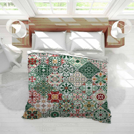 Portuguese Duvets Spanish Tiles Pattern Duvet Cover Green Etsy