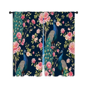 Peacock Window Curtains Peacock And Flowers Curtains Dark Blue And Green Drapes Pink Floral Curtain Panel Majestic Bird Artwork Curtain