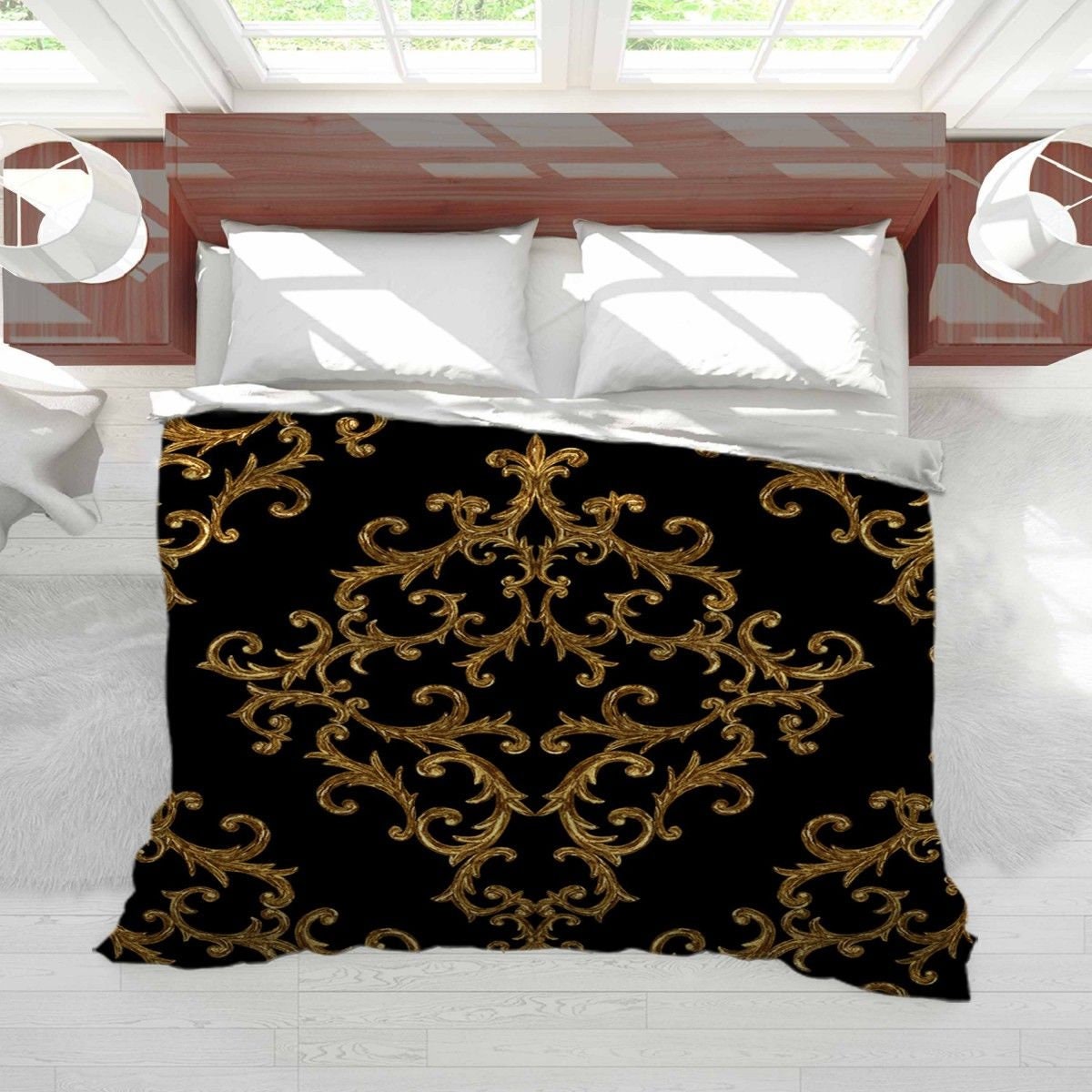 CraftedInUSAbyVB Black and Gold Damask Duvet Cover, Damask Pattern Duvet, Baroque Duvets, Damask Duvets, Black and Gold Duvet Cover, Black and Gold Duvets