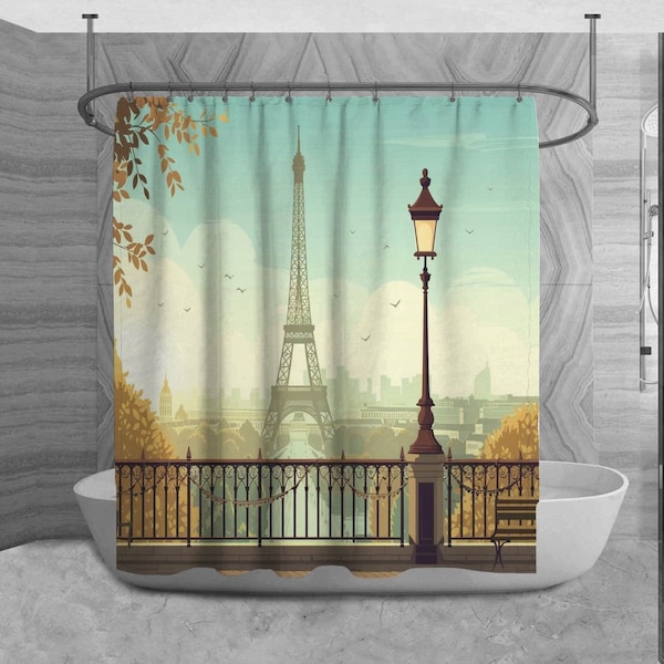 Eiffel Tower Shower Curtain, Landmarks Bathroom Decor, Autumn Scene Bath mat, Illustration Towels, Vintage Bath Decor Ideas