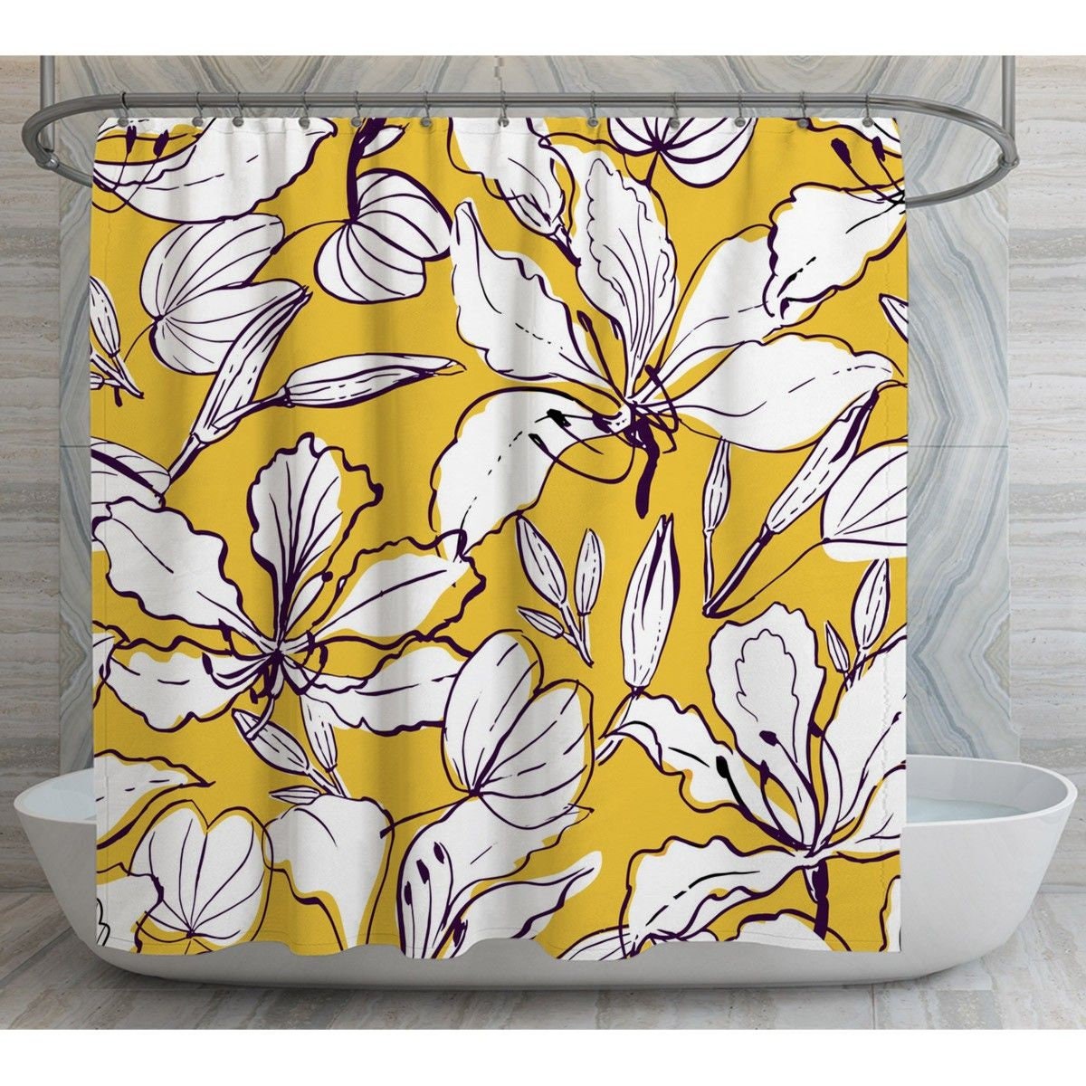 Yellow Floral Shower Curtains Floral Bath Decor White Etsy