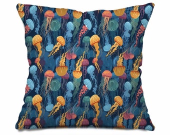 Jellyfish Pillow, Ocean Pillow Cover, Coastal Throw Pillow, Underwater Pillowcase, Beach House Home Decor