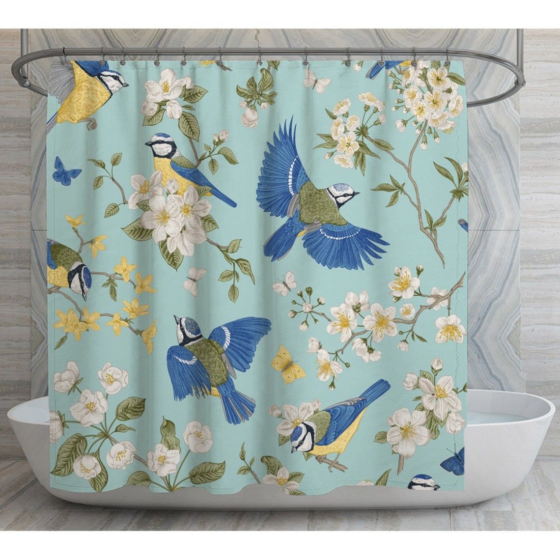 Blue and Yellow Shower Curtains Blue and Yellow Toile Pattern Etsy UK