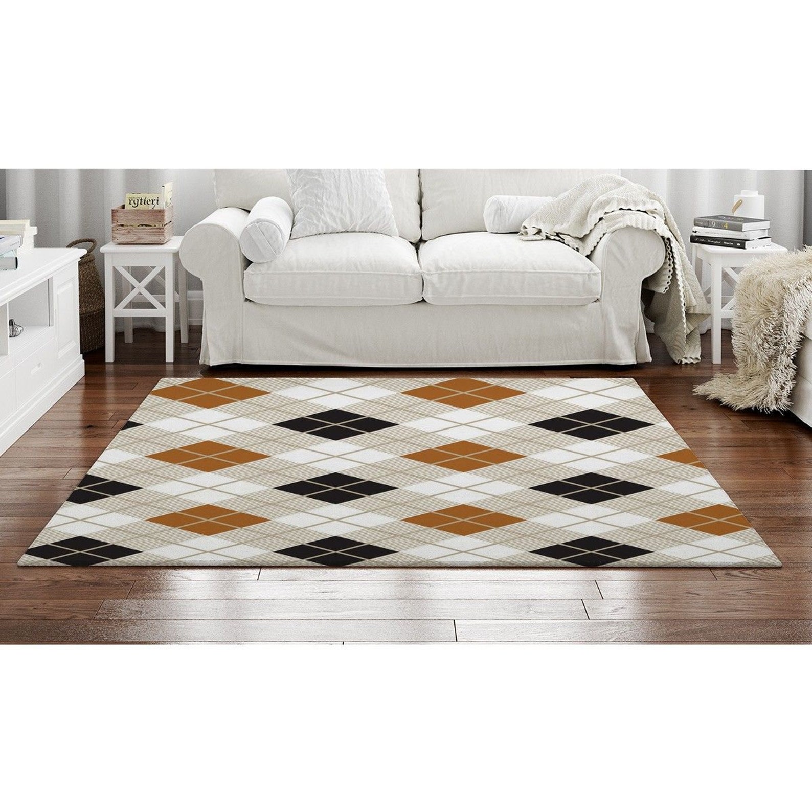 Classic Argyle Rug Black And Tan Diamonds Area Rugs White Etsy