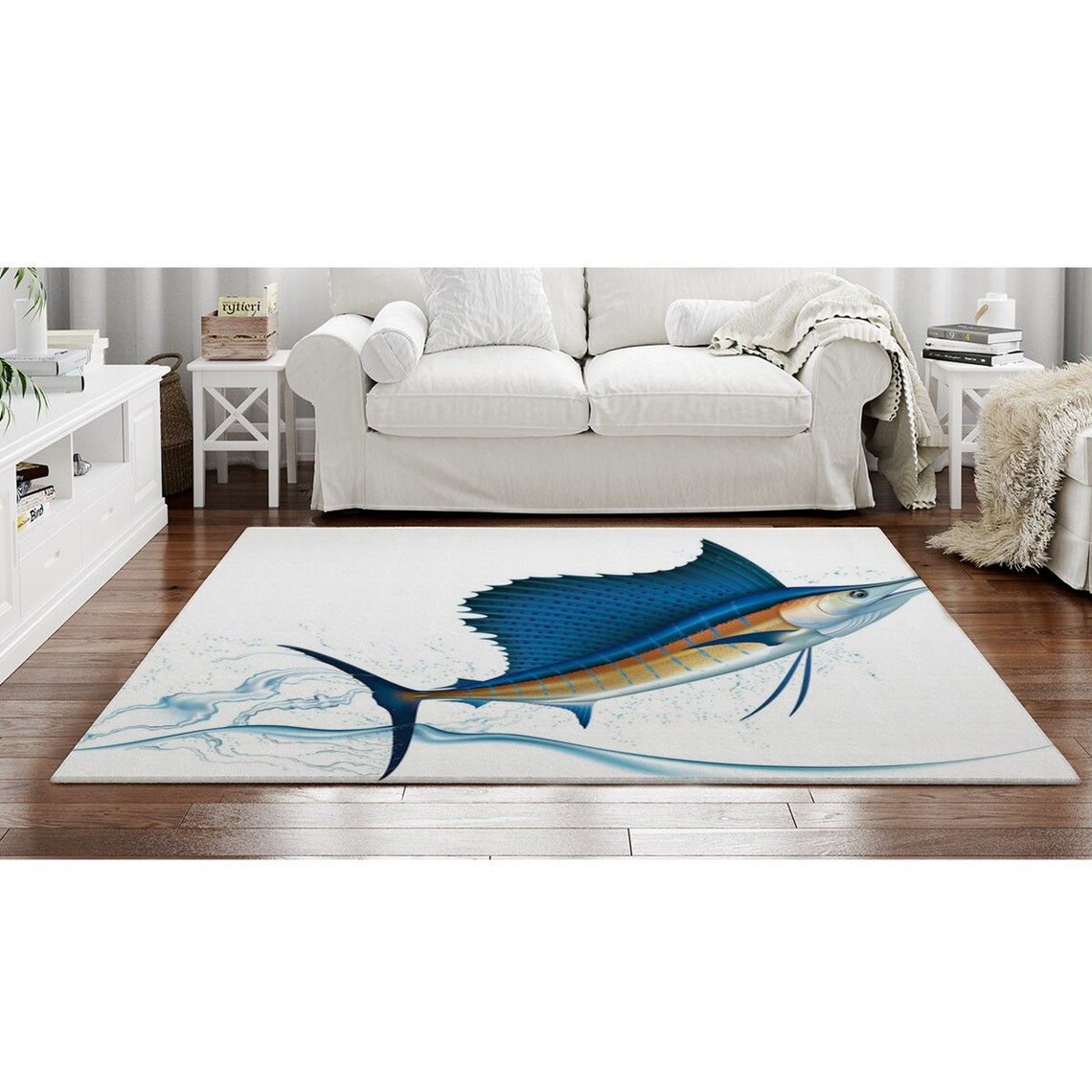 Fish Area Rugs Sail Fish Rug White Area Rugs Blue Rug Sword Etsy