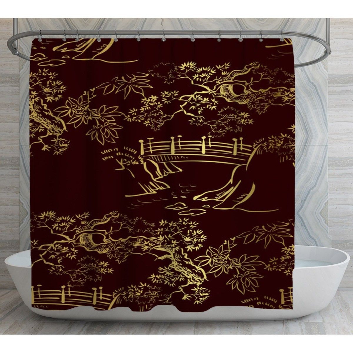 Red Chinoiserie Shower Curtains Gold Nature Sketch on Maroon Etsy