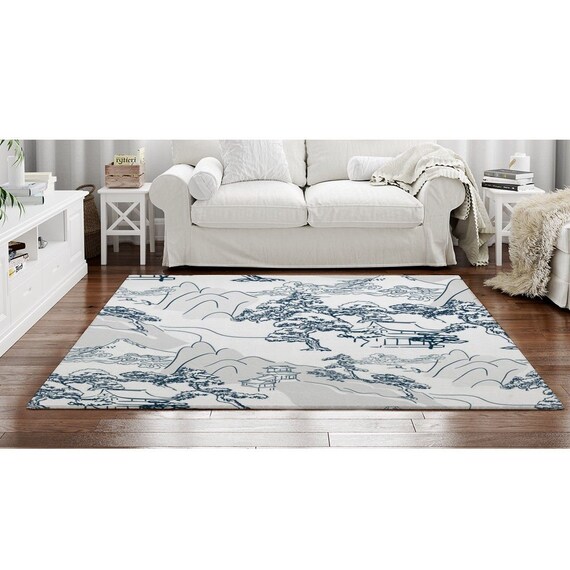 Blue Chinoiserie Rugs Temples and Nature Print Carpets White Etsy