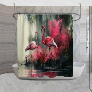 Flamingo Shower Curtains Birds On Pond Shower Curtain Pink Feathers Decor Tropical Forest Bathroom Wildlife Theme Bath Decor