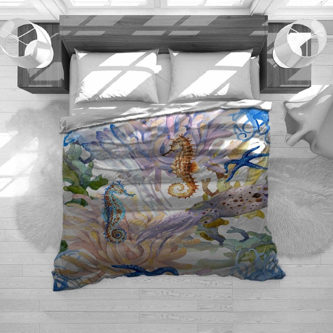 Seahorse Bedding Ocean Bedding Set Underwater Comforter Etsy