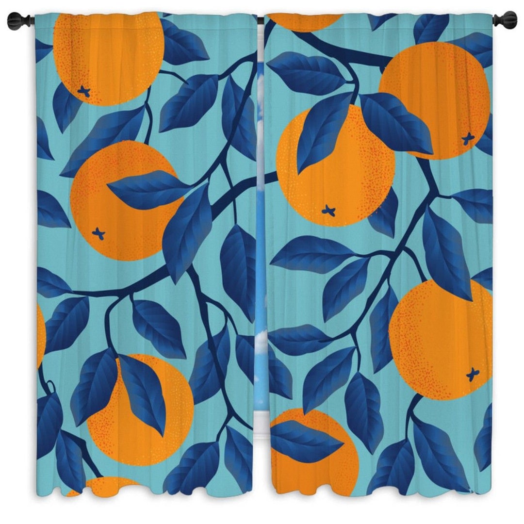 Orange Curtains Fruit Curtains Citrus Curtains Blue and Orange Curtains