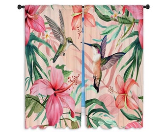 Hummingbird Window Curtains Flying Hummingbirds Flowers Curtains Peach Pink And Teal Drapes Bird Print Curtain Panel Tropical Curtain