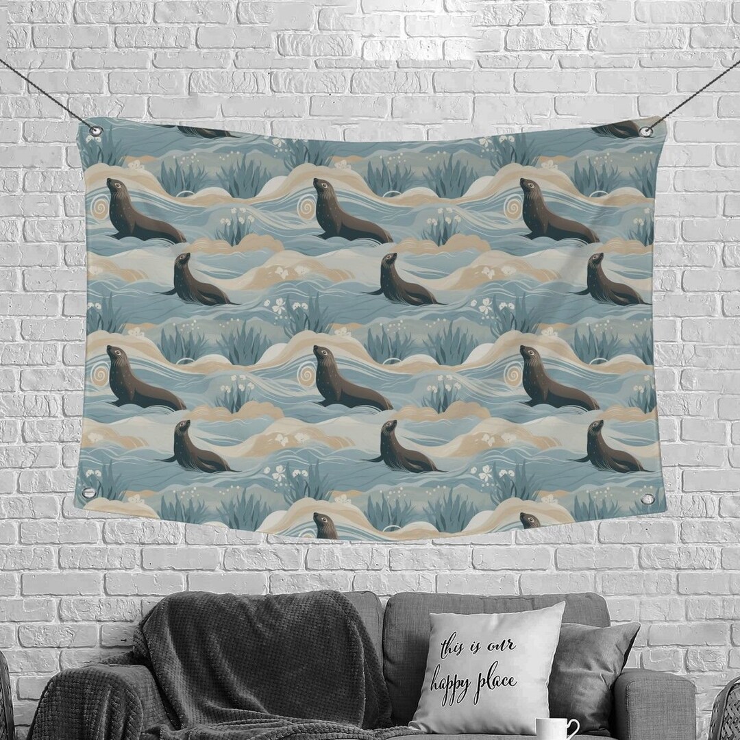 Seal Wall Art Seal Animal Wall Decor Ocean Waves Tapestry Etsy