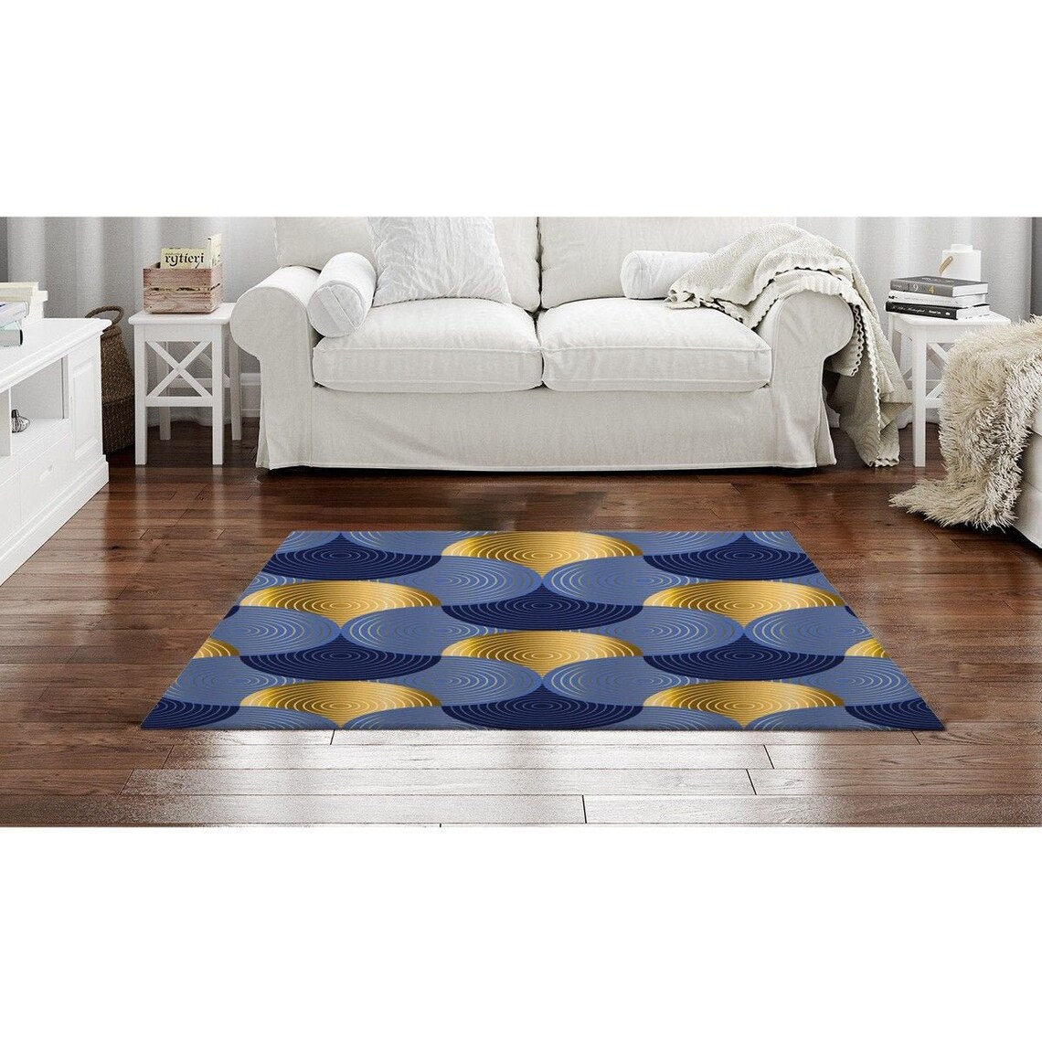 Blue And Gold Pattern Rug Navy Blue Area Rug Navy Blue And Etsy