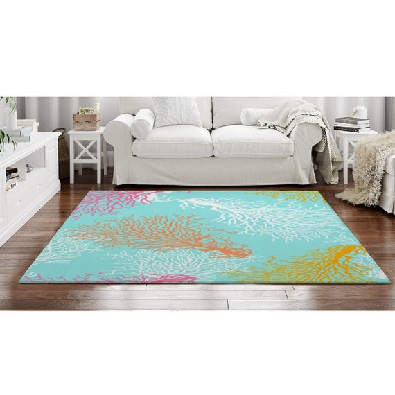 Coastal Rugs Colorful Coral Reef Area Rug Aqua Pink and Etsy