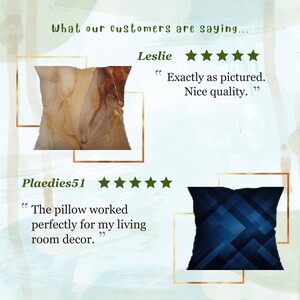 May include: Two customer reviews for throw pillows. The first review is from Leslie, who gives the pillow a five-star rating and says "Exactly as pictured. Nice quality." The second review is from Plaedies51, who also gives the pillow a five-star rating and says "The pillow worked perfectly for my living room decor."